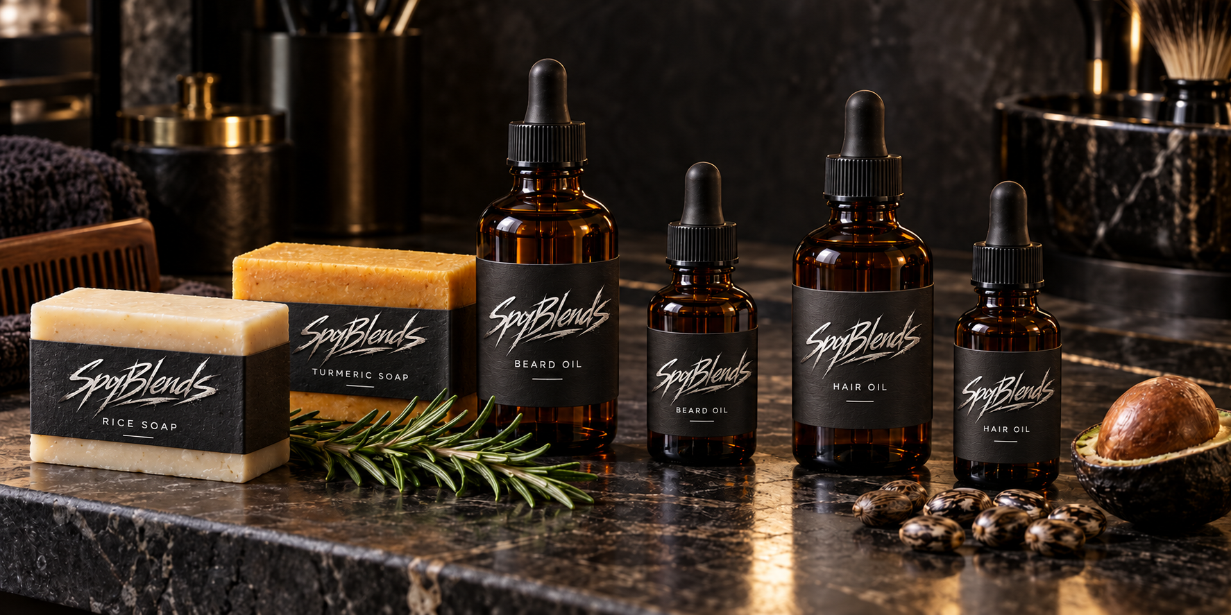 Sample SpyBlends amber dropper bottles and rice and turmeric soap bars with the SpyBlends logo on sample labels